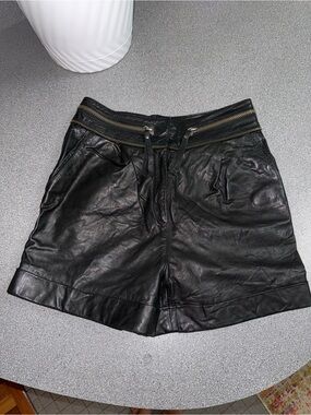 Karl Lagerfeld Black Genuine Goat Leather Shorts with Gold Zip Trim